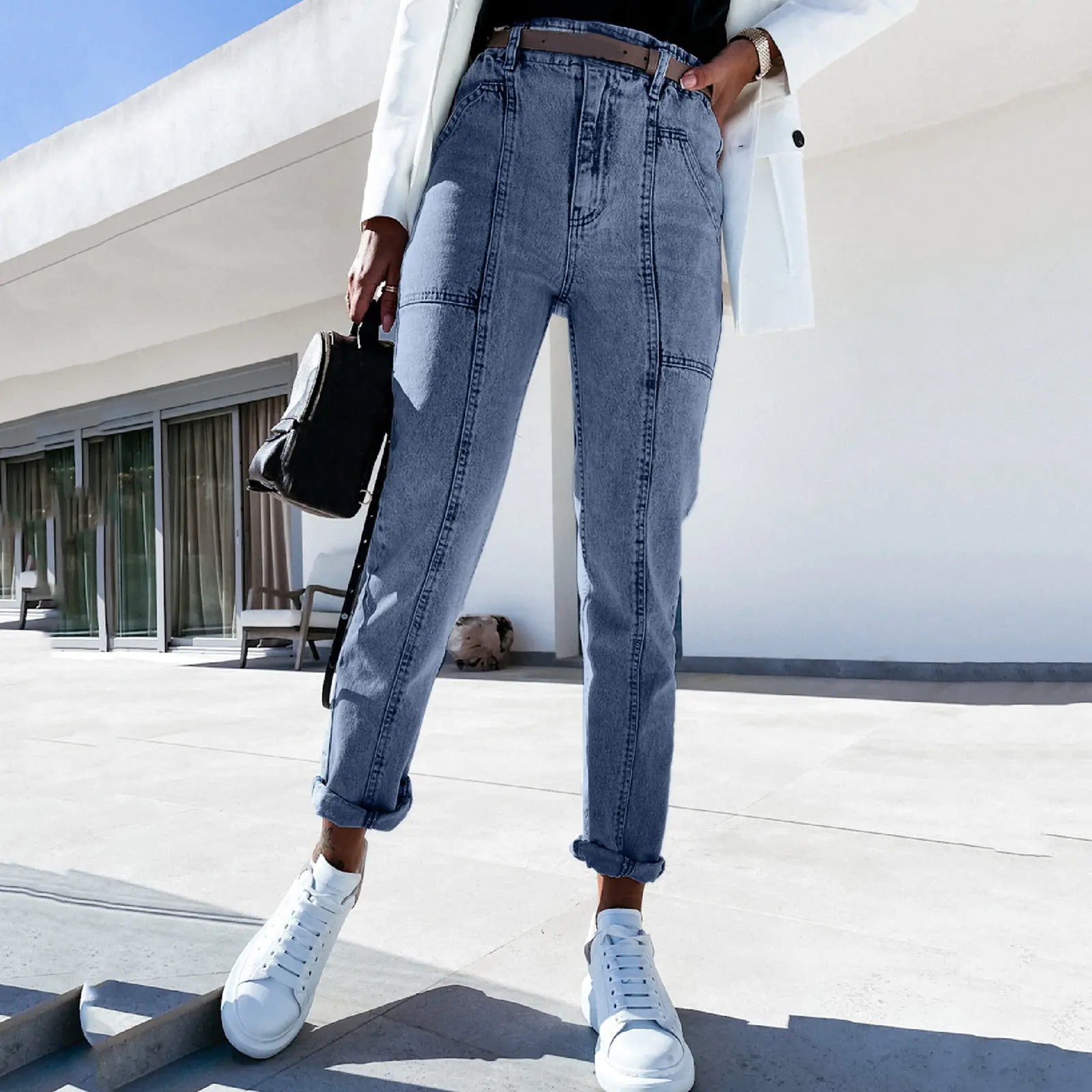 Women's High-Waisted Water-Washed Casual Jeans