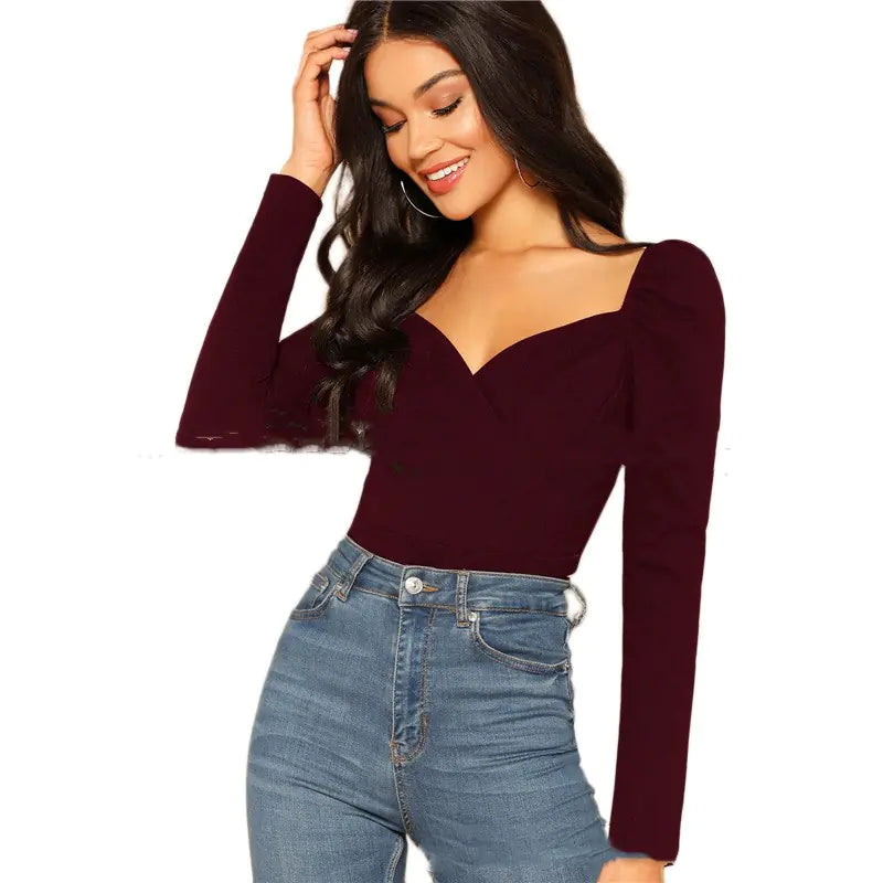 2019 Women's Long Sleeve V-Neck Knit Top in Solid Colors