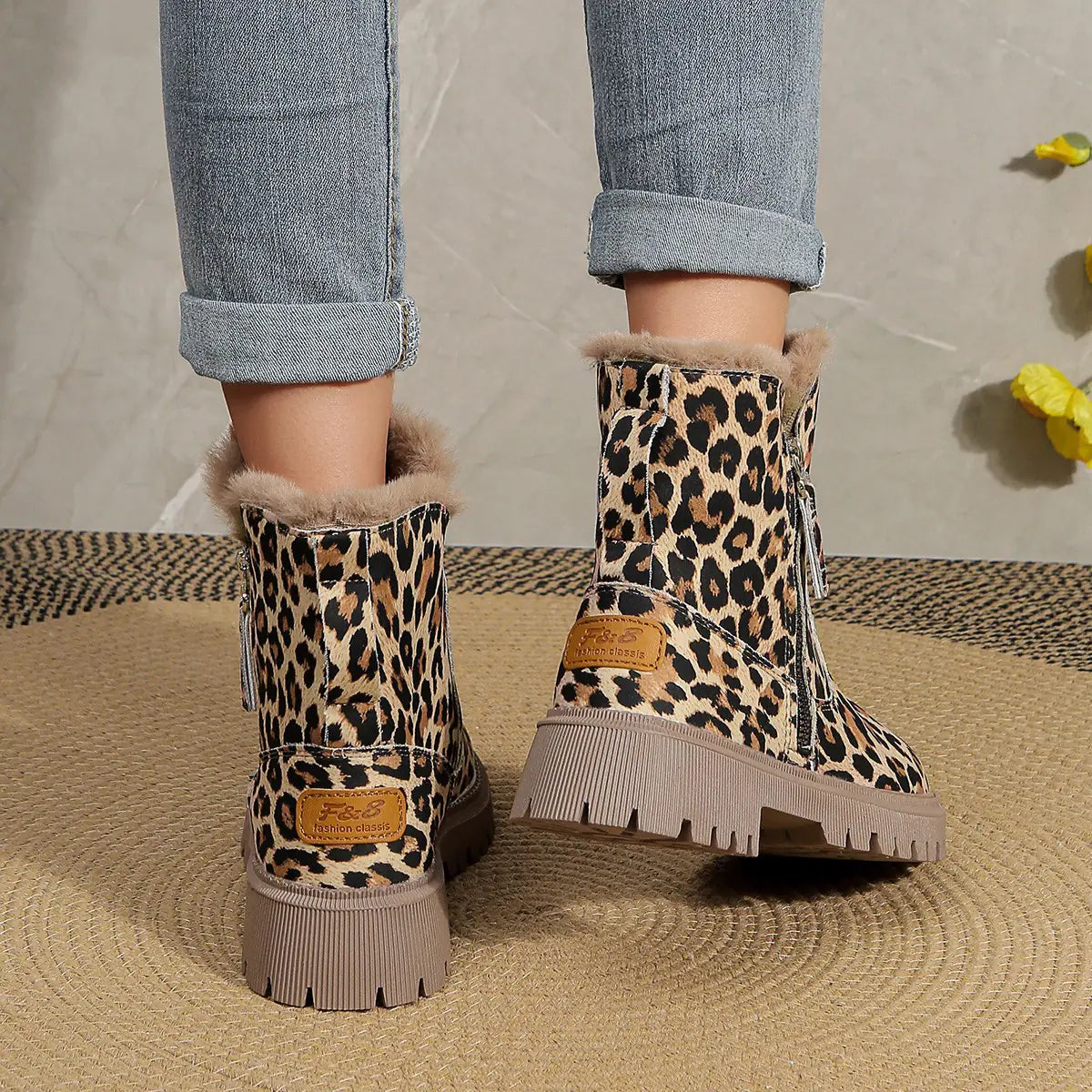 Plus Size Short Martin Boots with Leopard Print for Women