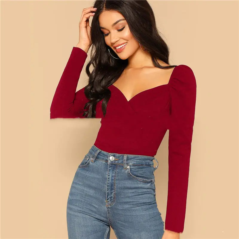 2019 Women's Long Sleeve V-Neck Knit Top in Solid Colors