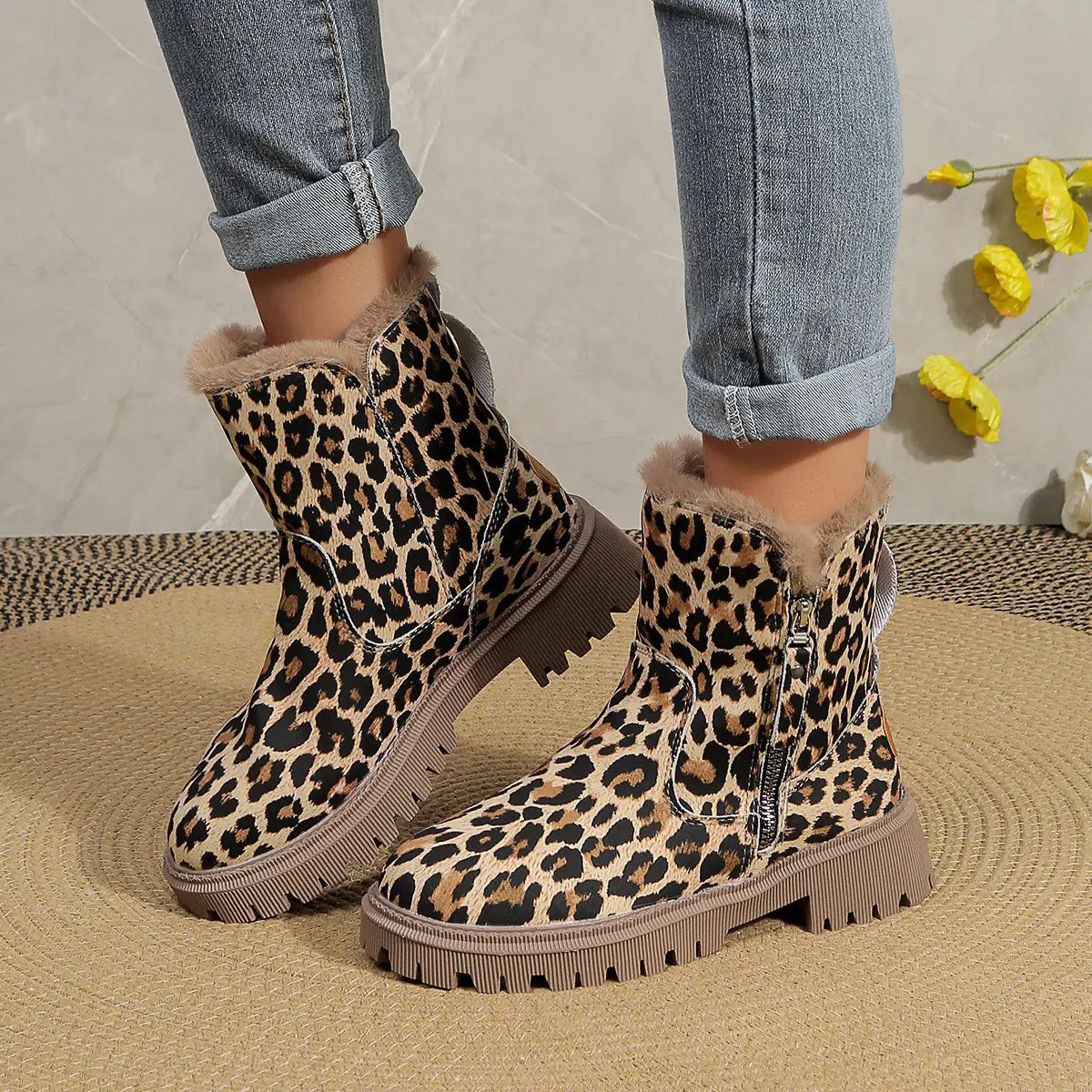Plus Size Short Martin Boots with Leopard Print for Women