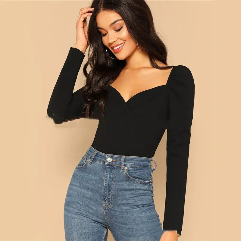 2019 Women's Long Sleeve V-Neck Knit Top in Solid Colors