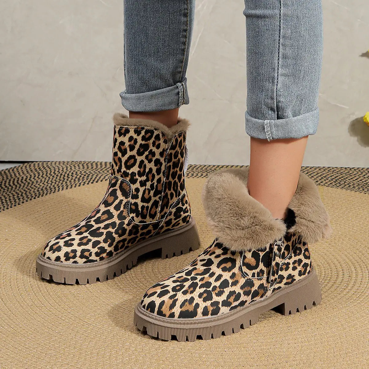 Plus Size Short Martin Boots with Leopard Print for Women