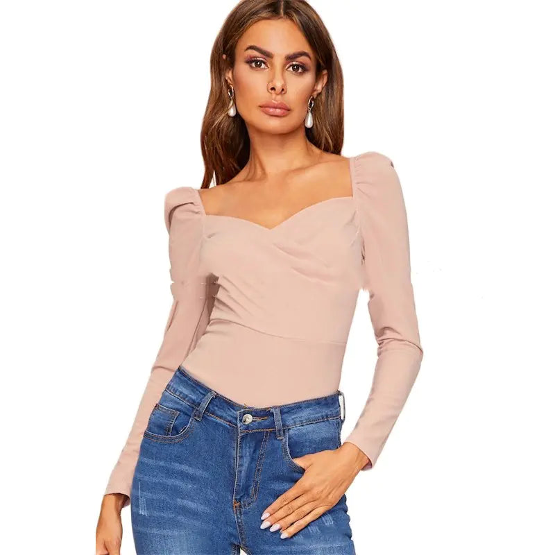 2019 Women's Long Sleeve V-Neck Knit Top in Solid Colors