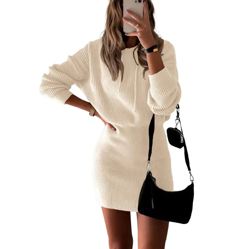 Solid Color Mid-Length Hooded Knitted Pullover