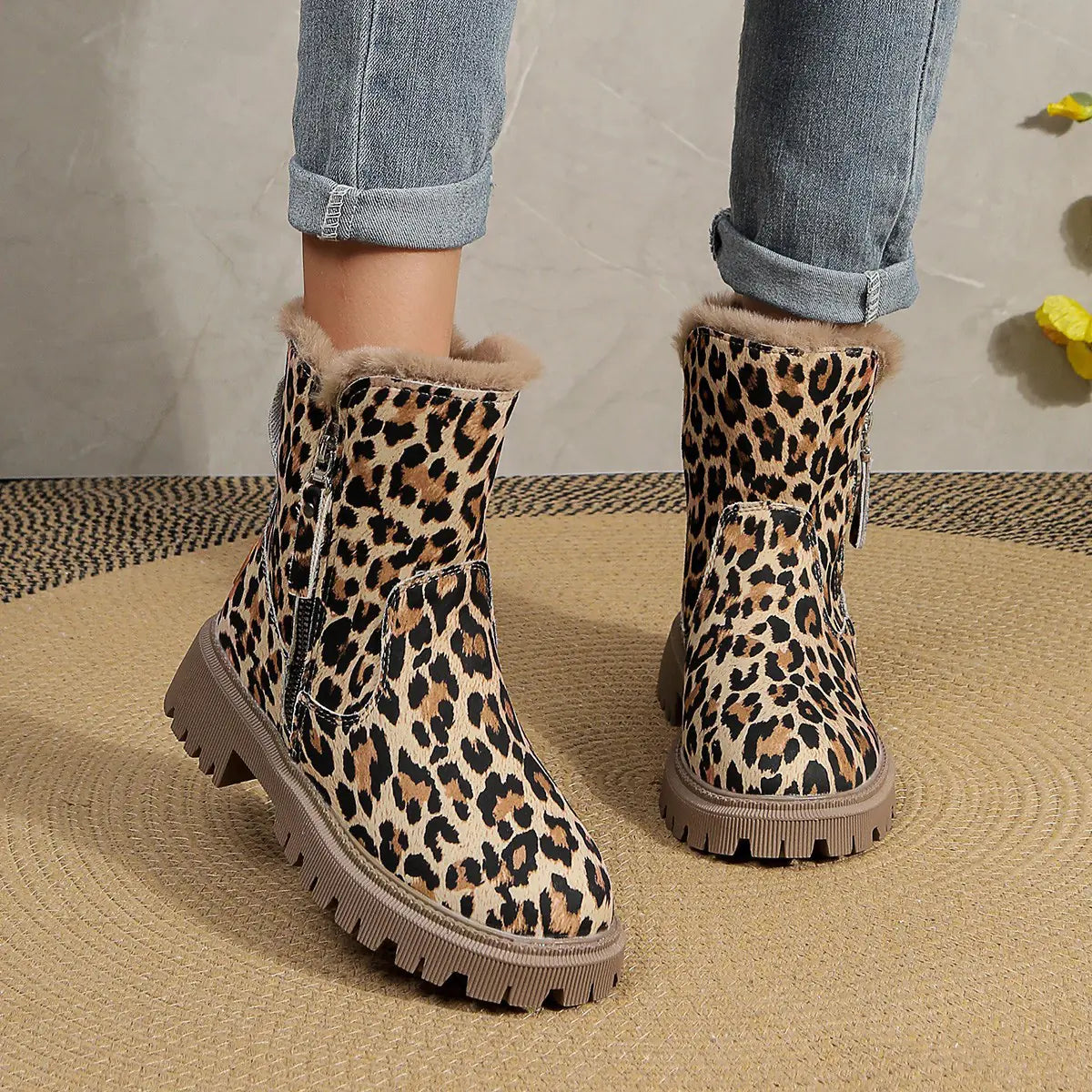 Plus Size Short Martin Boots with Leopard Print for Women